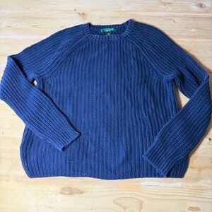 Lauren Ralph Lauren Petite‎ Blue Ribbed Knit Sweater Womens PM Crewneck